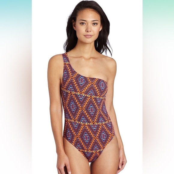 ECHO NWT swimsuit one piece one shoulder size 8 medium geometric print orange - Picture 1 of 7